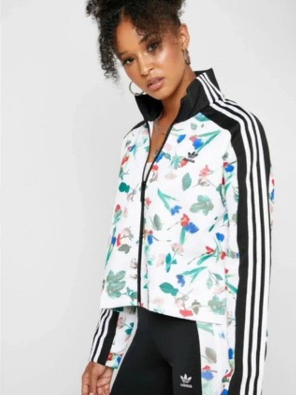 adidas White Floral Track Jacket with Black Stripes - Picture 2 of 4